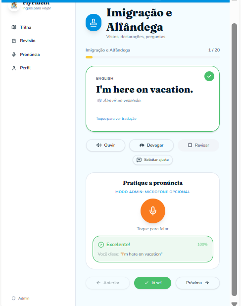 Tela do app Fly Fluent mostrando a trilha do portão de imigração