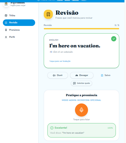 Tela de revisão programada do Fly Fluent com frases agendadas pela curva de memória